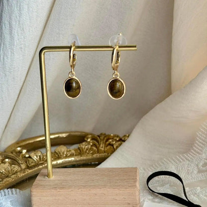 Natural Tiger Eye Huggie Hoop Drop Earrings S925 — worn on model, side profile