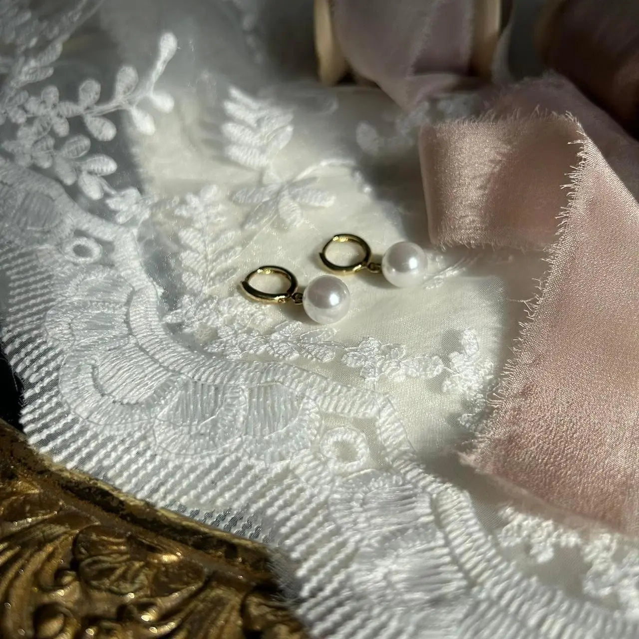 Pearl Drop Huggie Hoop Earrings S925 Silver Gold — angle highlighting drop and movement
