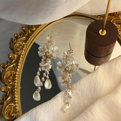 White Floral Cluster Long Drop Earrings S925 Bridal — close-up of pearl and post detail