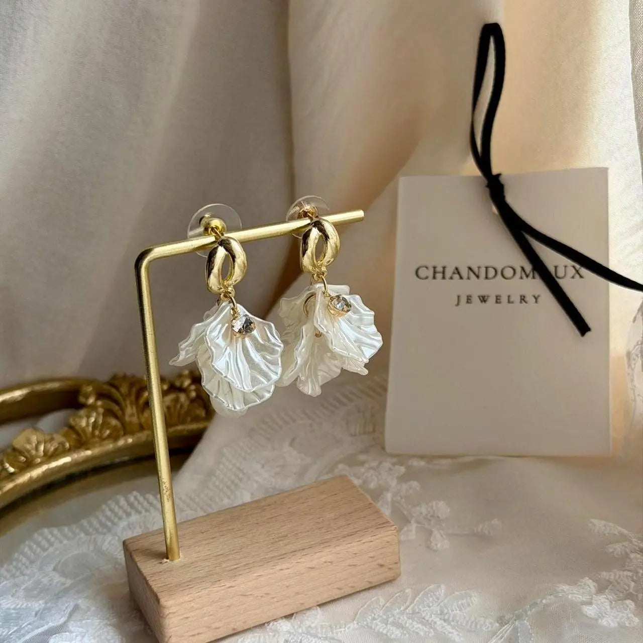 White Petal Flower Drop Earrings S925 Gold Bridal — close-up of pearl and post detail