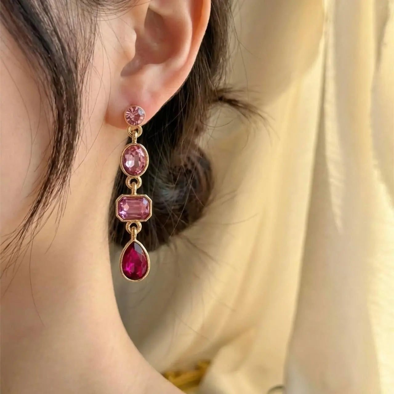 Pink Ombre Crystal Triple Cascade Drop Earrings Gold — close-up of pearl and post detail