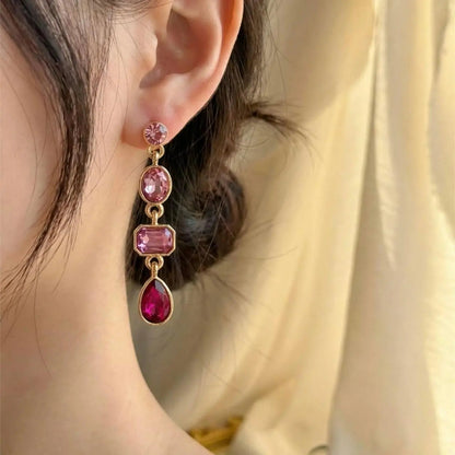 Pink Ombre Crystal Triple Cascade Drop Earrings Gold — close-up of pearl and post detail