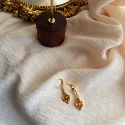 Peach Crystal Huggie Drop Earrings Gold Stainless — close-up of pearl and post detail