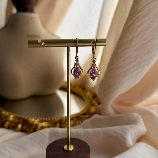 Pink Crystal Stone Drop Earrings Gold Tone Women on neutral background — front view