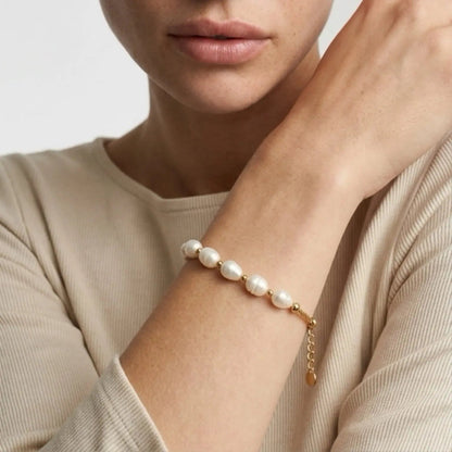Freshwater Pearl Sparkle Bracelet 18K Gold Plated on neutral background — full length view