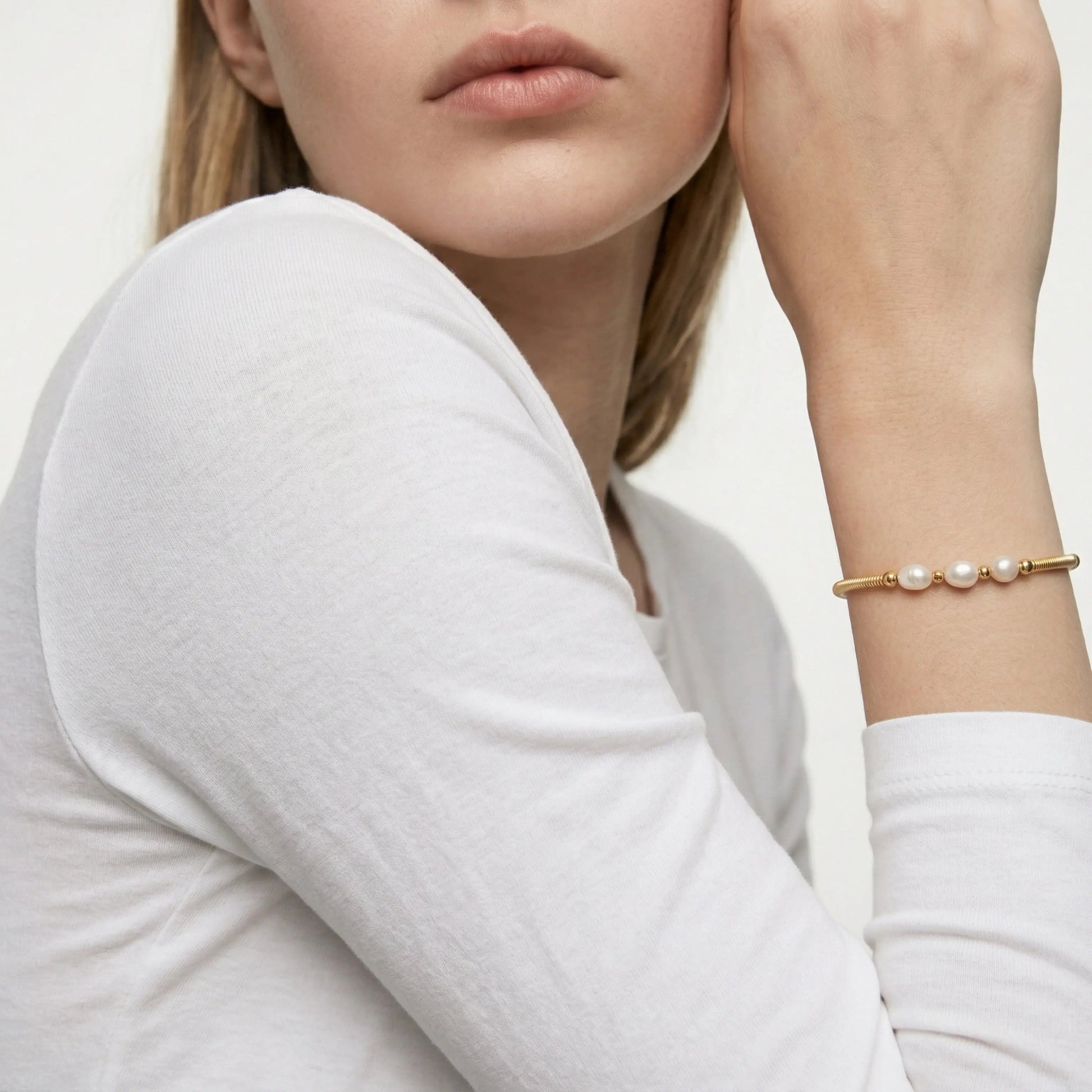 Freshwater Pearl Chain Bracelet 18K Gold Plated UK on neutral background — full length view