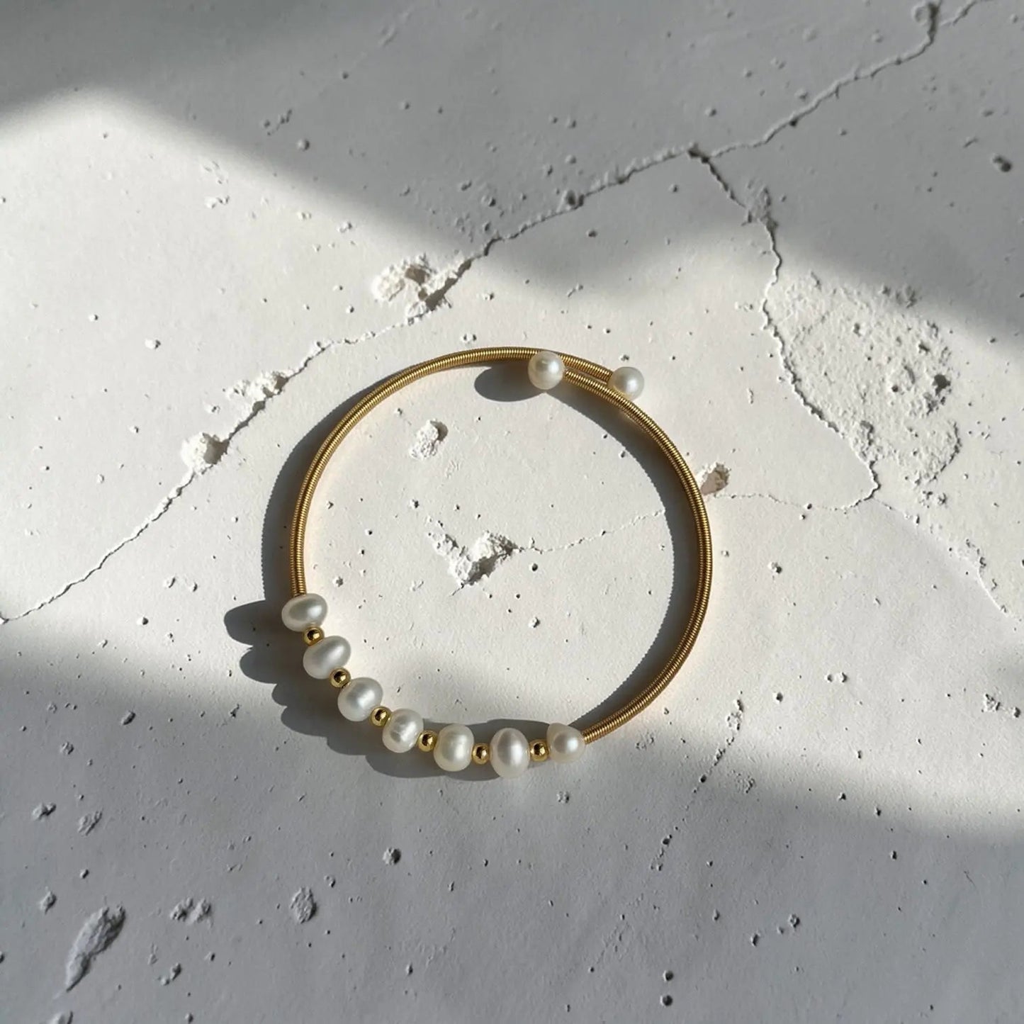 Freshwater Pearl Beaded Bracelet 18K Gold Women UK on neutral background — full length view