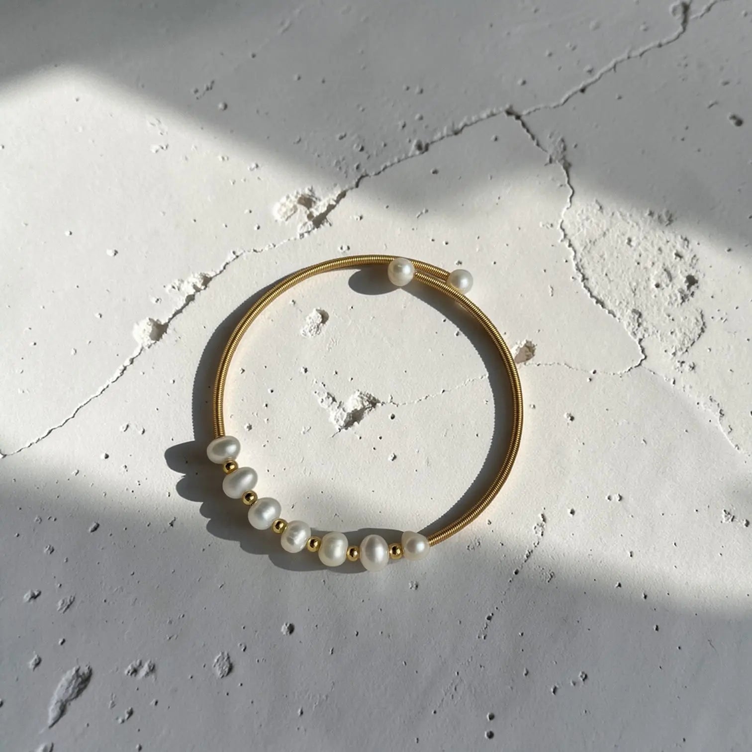 Freshwater Pearl Beaded Bracelet 18K Gold Women UK on neutral background — full length view
