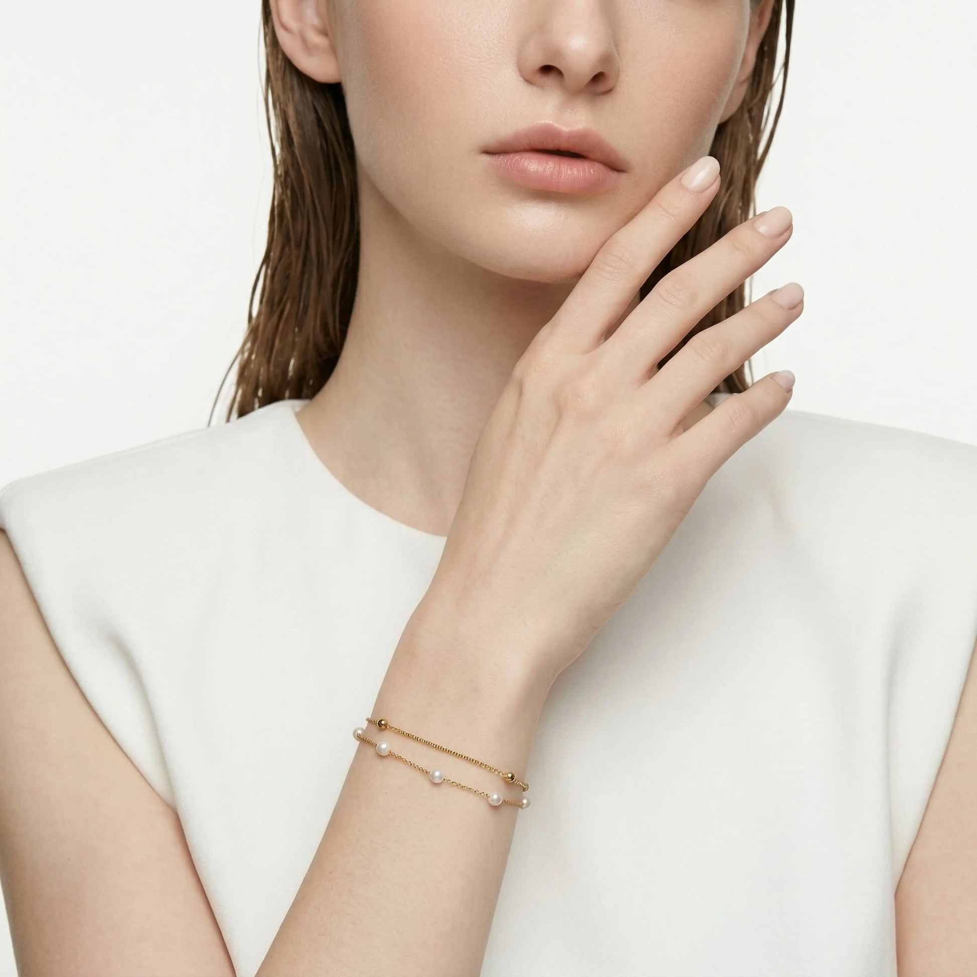 Freshwater Pearl Satin Bracelet 18K Gold Plated UK on neutral background — full length view