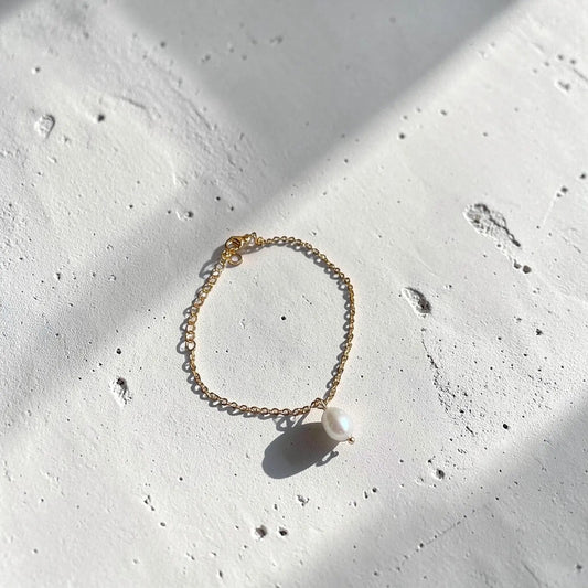 Freshwater Pearl Gold Bracelet 18K Plated Women UK on neutral background — full length view