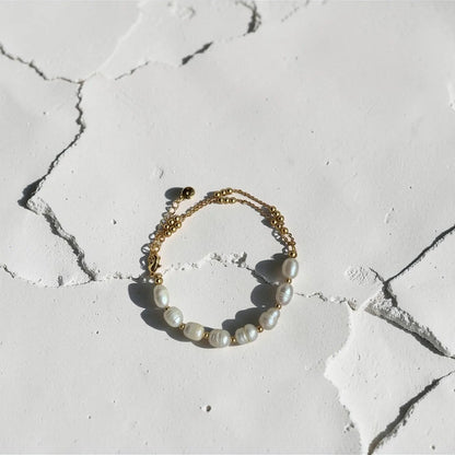 Freshwater Pearl Station Bracelet 18K Gold Plated on neutral background — full length view
