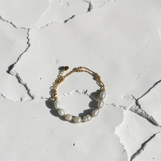 Freshwater Pearl Station Bracelet 18K Gold Plated on neutral background — full length view