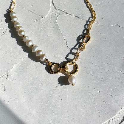 Freshwater Pearl Asymmetric Chain Necklace Gold — side angle view