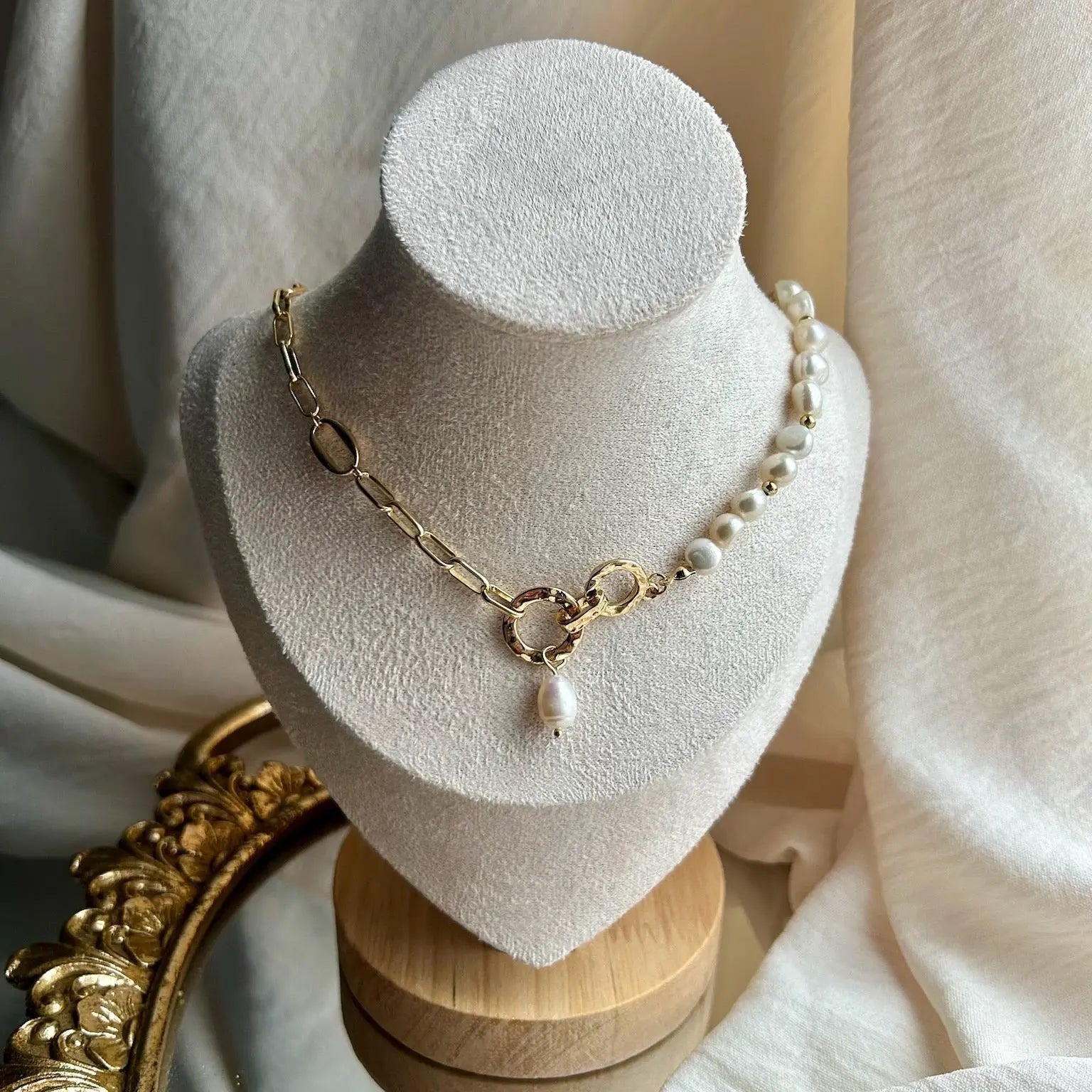 Freshwater Pearl Asymmetric Chain Necklace Gold — worn on model