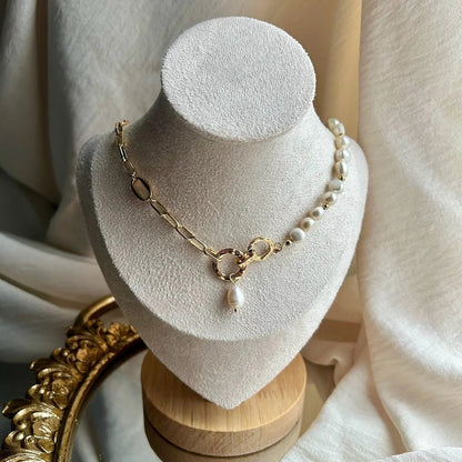 Freshwater Pearl Asymmetric Chain Necklace Gold — worn on model