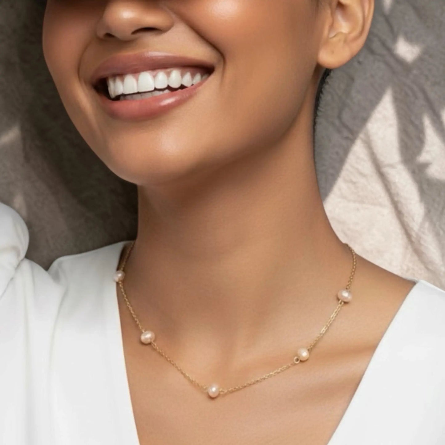 Freshwater Pearl Link Chain Necklace Gold Plated on neutral background — full length view