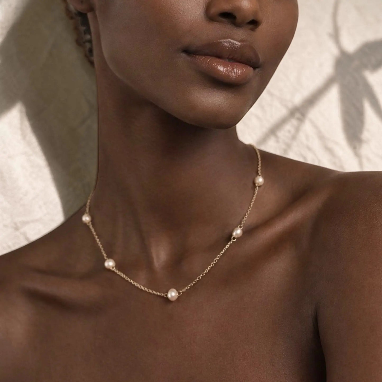 Freshwater Pearl Link Chain Necklace Gold Plated — styled flat lay with textures