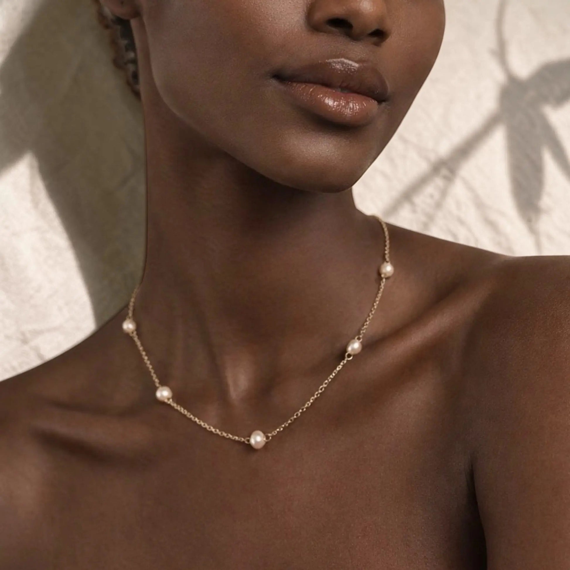 Freshwater Pearl Link Chain Necklace Gold Plated — styled flat lay with textures