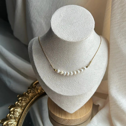 Freshwater Pearl Bar Necklace Stainless Steel Gold — side angle view