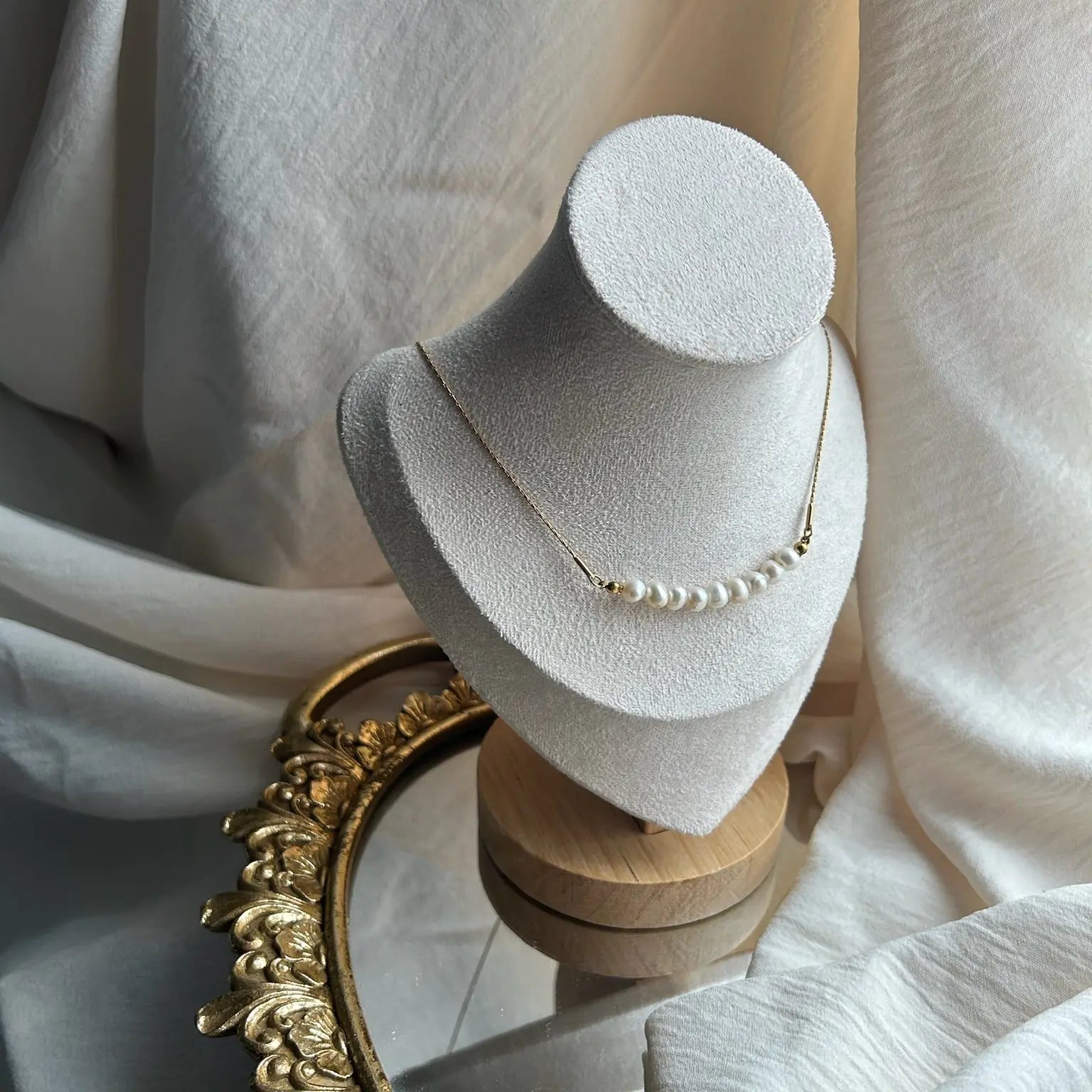 Freshwater Pearl Bar Necklace Stainless Steel Gold — worn on model