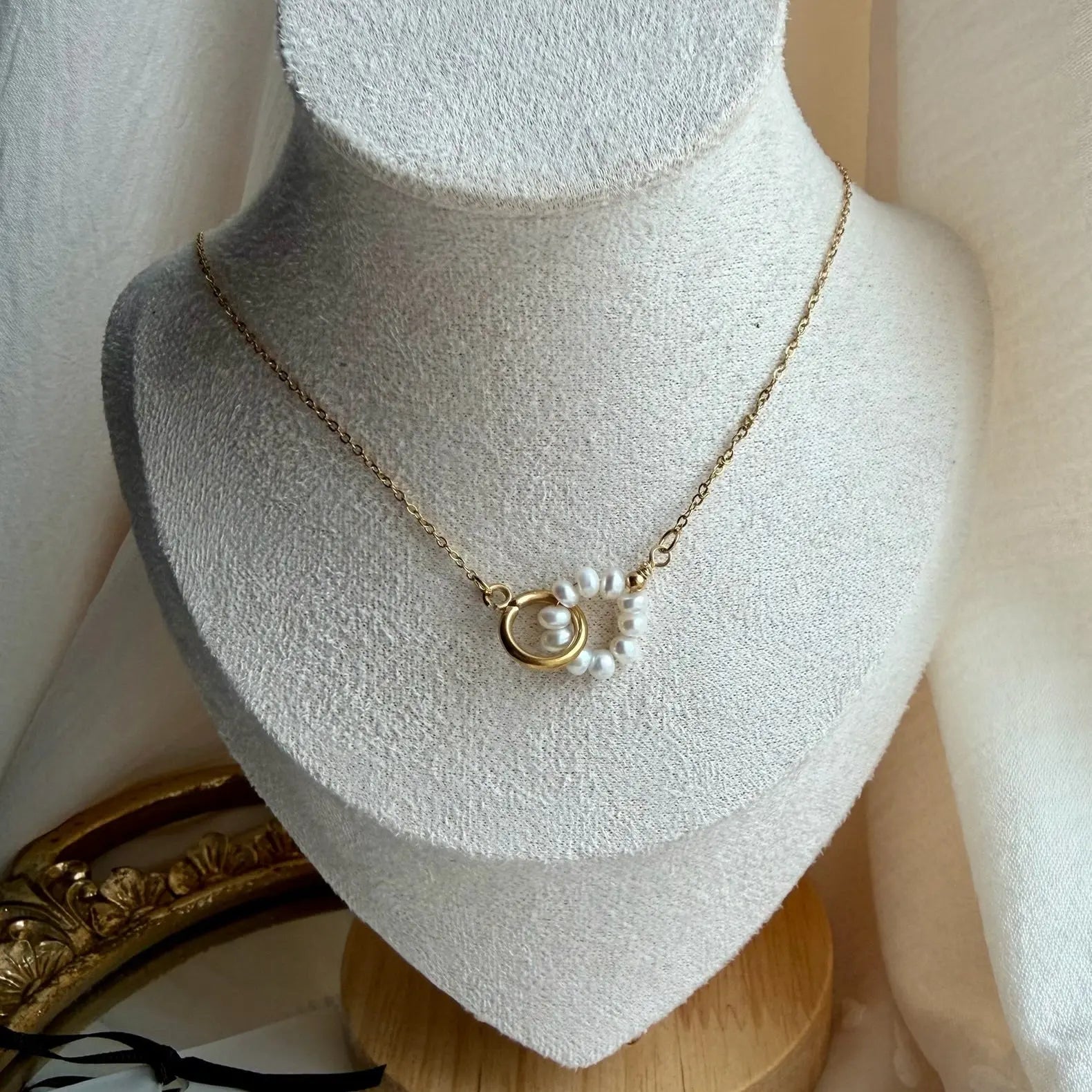 Freshwater Pearl Starburst Station Necklace Gold on neutral background — full length view