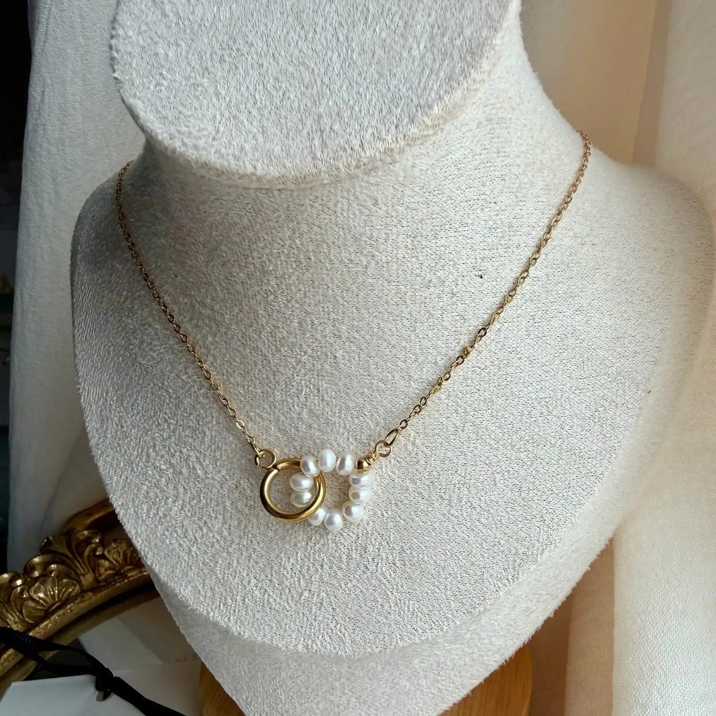 Freshwater Pearl Starburst Station Necklace Gold — worn on model