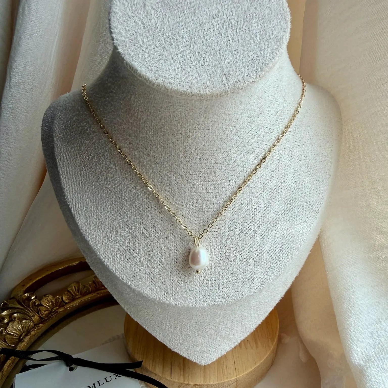 Single Freshwater Pearl Pendant Necklace 14K Gold on neutral background — full length view