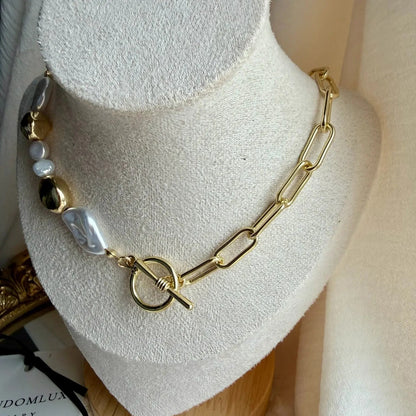 Freshwater Pearl Galaxy Pendant Necklace Gold Tone — worn on model