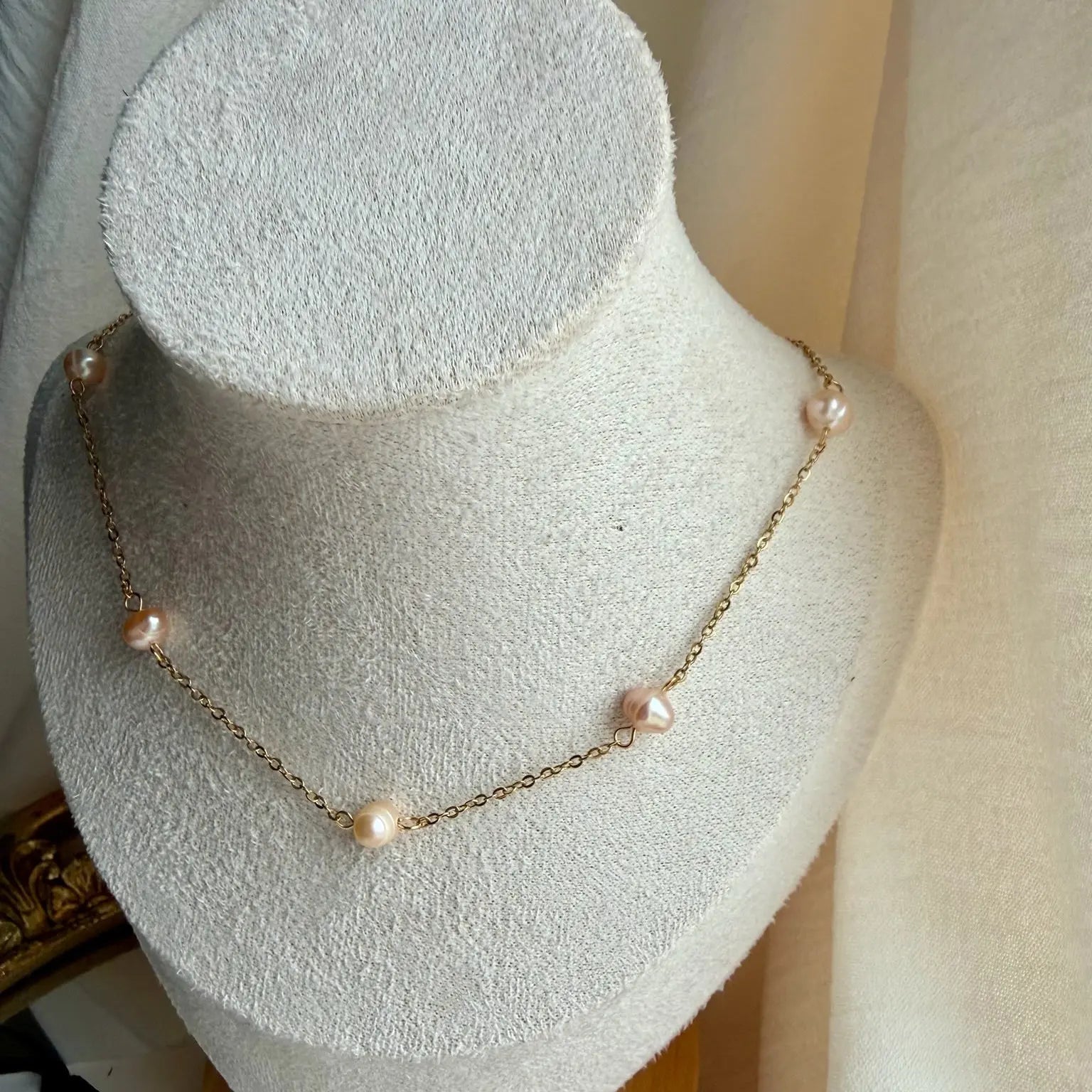 Freshwater Pearl Link Chain Necklace Gold Plated — worn on model