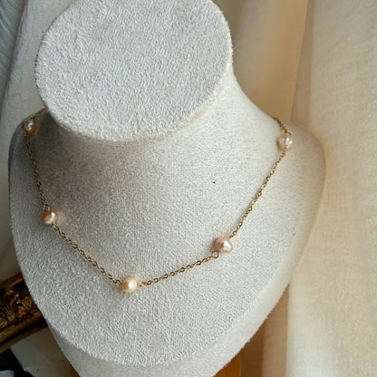 Freshwater Pearl Link Chain Necklace Gold Plated — worn on model