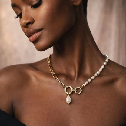 Freshwater Pearl Asymmetric Chain Necklace Gold on neutral background — full length view