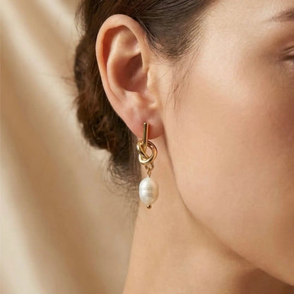 Freshwater Pearl Ivy Vine Drop Earrings Gold Tone on neutral background — front view