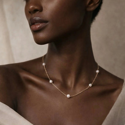 Freshwater Pearl Half-Strand Necklace Stainless Steel on neutral background — full length view