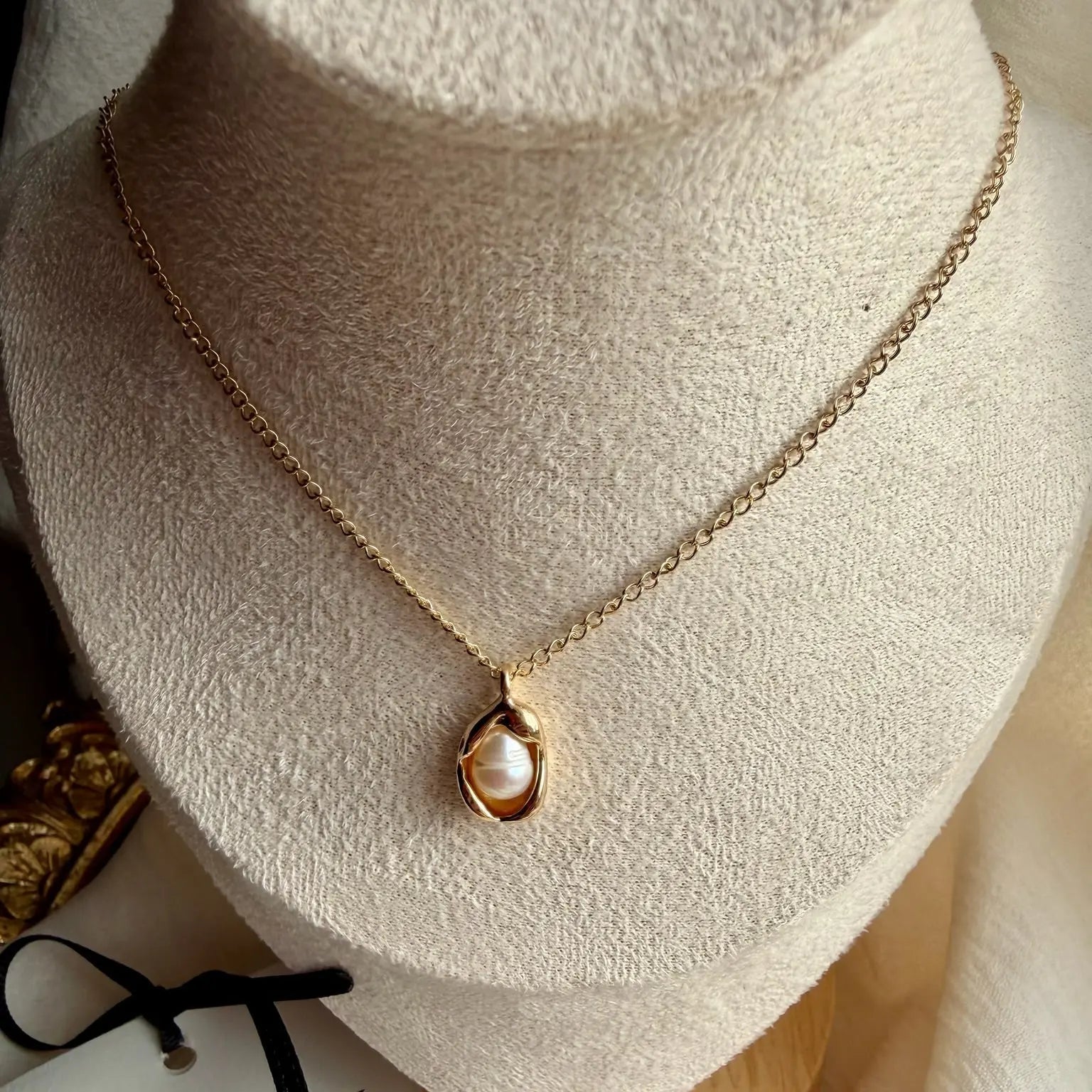 Freshwater Pearl Oval Pendant Necklace Gold Plated — worn on model