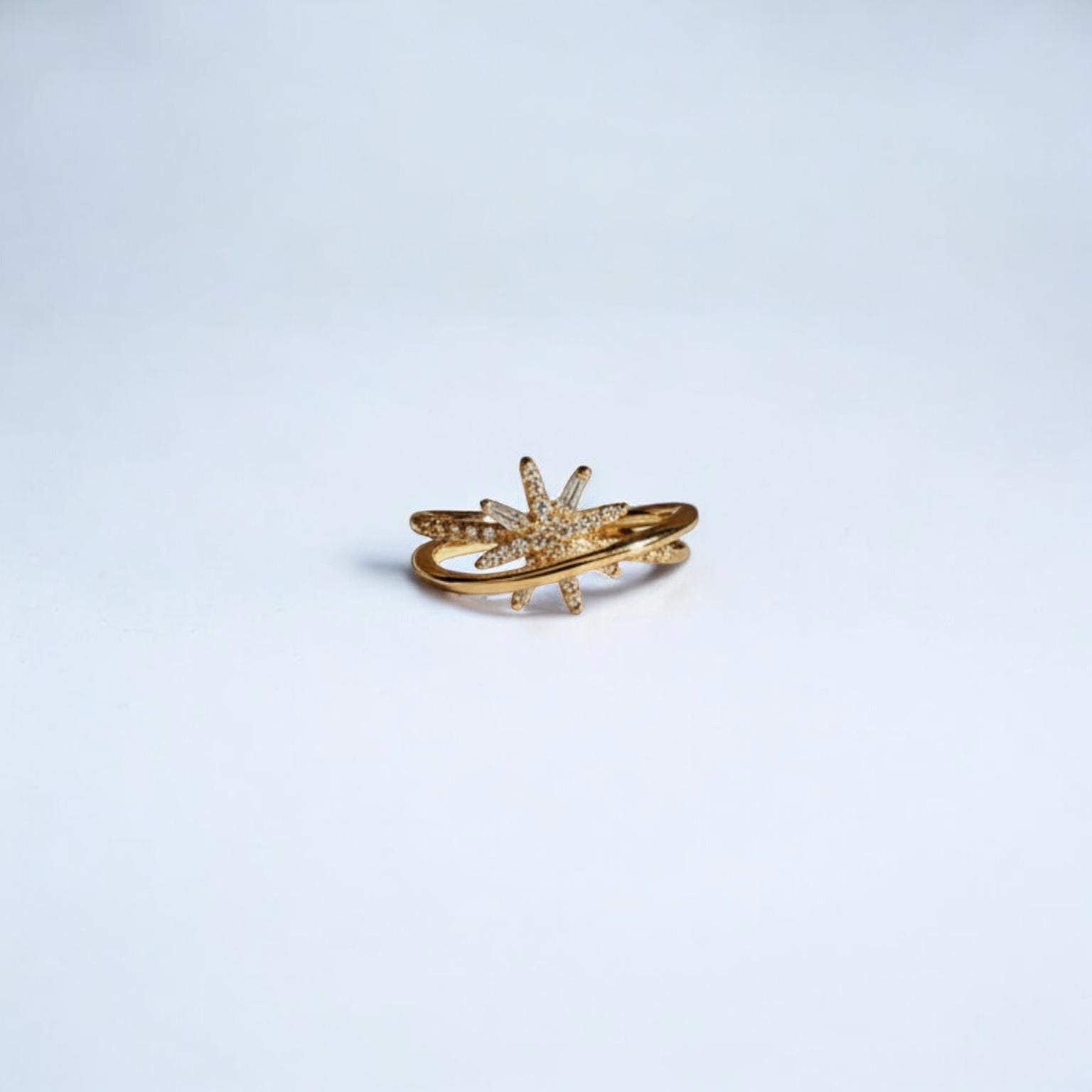 Crystal Pavé Leaf Star Open Ring 14K Gold Adjustable — styled flat lay