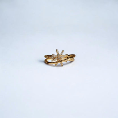 Crystal Pavé Leaf Star Open Ring 14K Gold Adjustable — styled flat lay