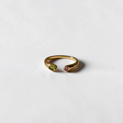 Teardrop Toi et Moi Open Ring 18K Gold Green Purple — styled flat lay